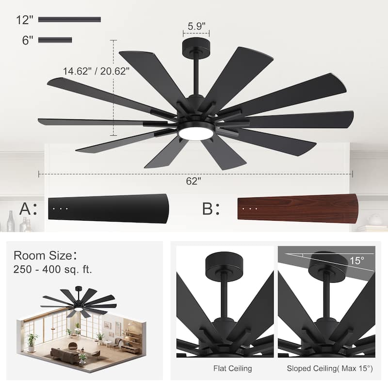 62"/72" Reversible 10-Blade Large LED Ceiling Fan with Light and Remote