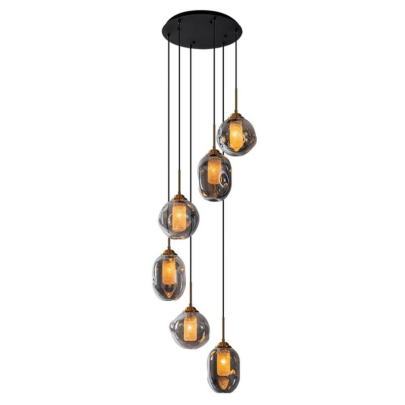 18" 6-Light Smoked Irregular Glass Round Pendant Light, Frosted Tubes