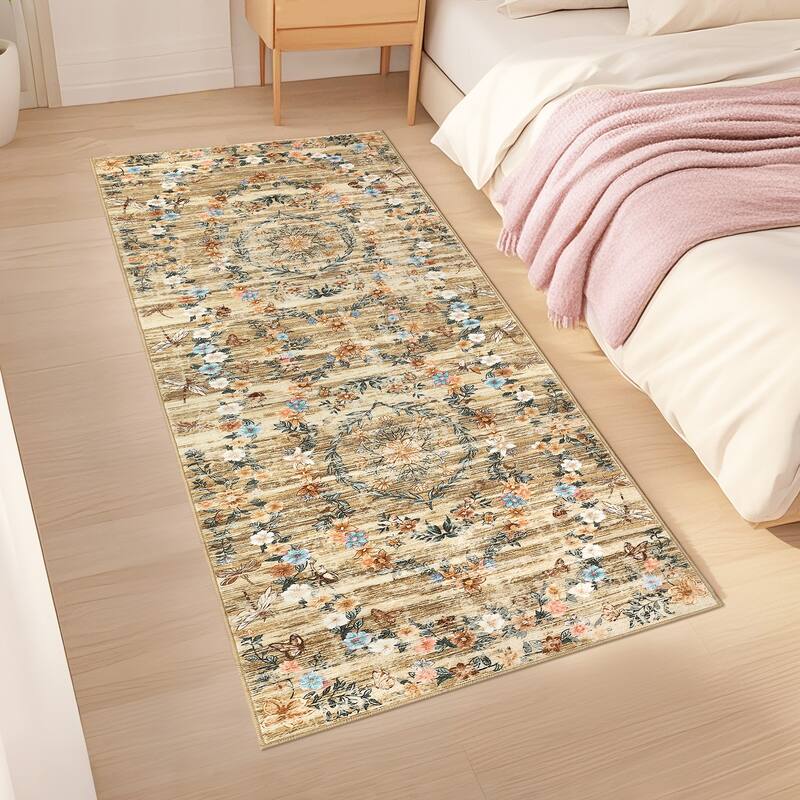 Modern Insect Botanical Pattern Area Rug Floral Print Rug Non-Slip Low Pile Soft Accent Carpet for Living Room Bedroom
