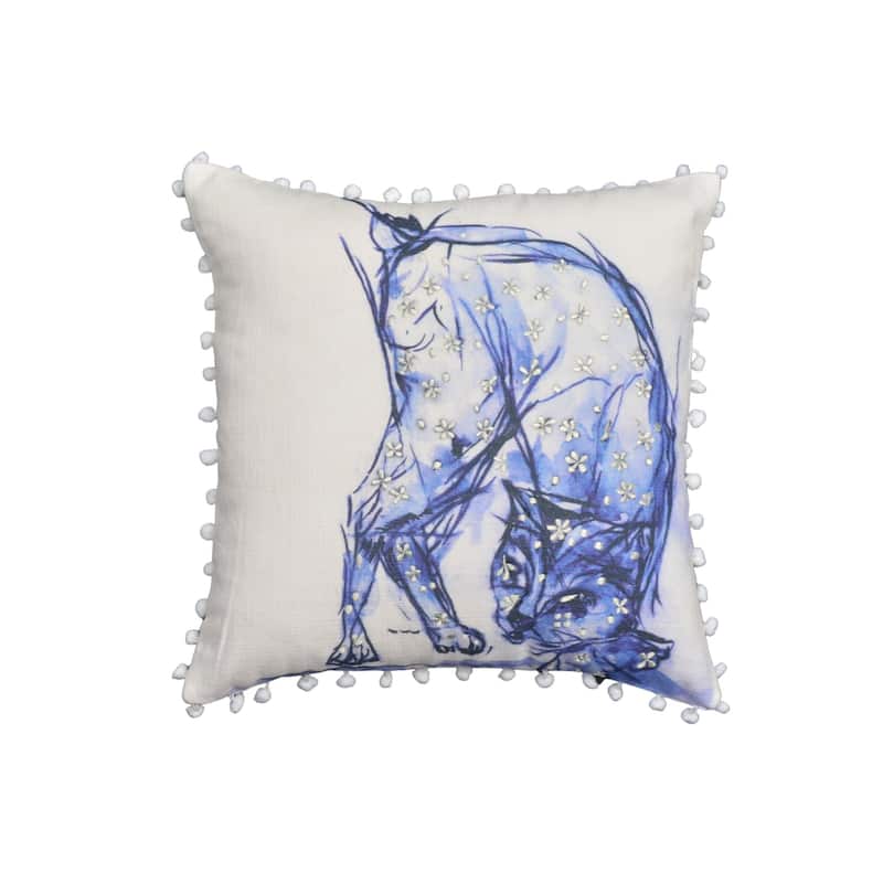 18" X 18" Blue And White Abstract Cat Throw Pillow With Pom Poms
