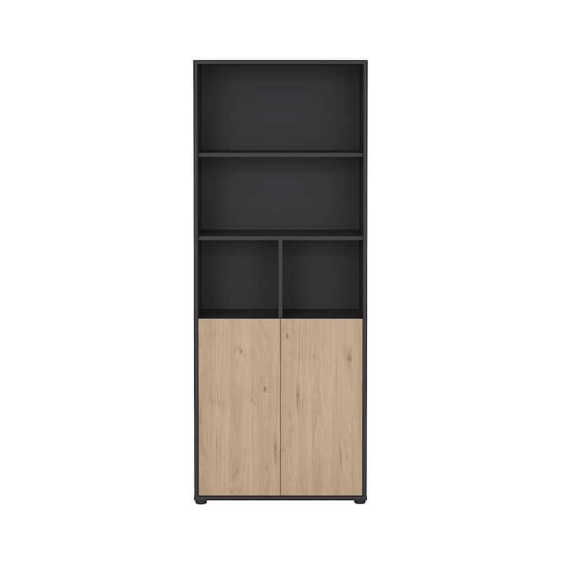 Carson Carrington Sign 6 Shelf Bookcase with 2 Doors, Home Office Storage - 13.5"D x 31.34"W x 80.59"H - Matte Grey/Jackson Hickory