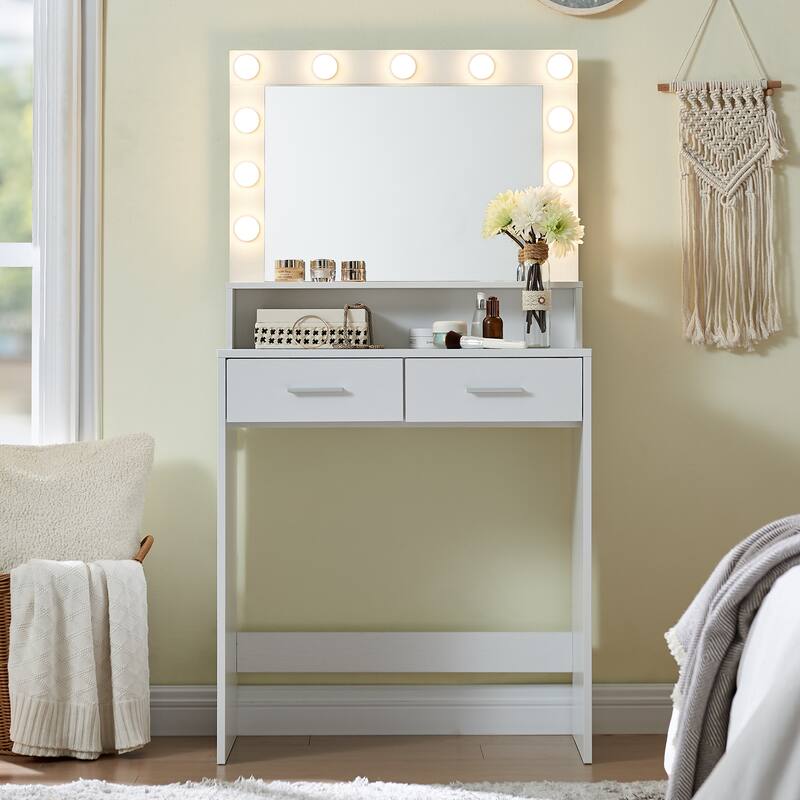 LED Vanity Desk with Mirror, Large Drawer & 3-Light Modes, Dressing Table for Bedroom - White