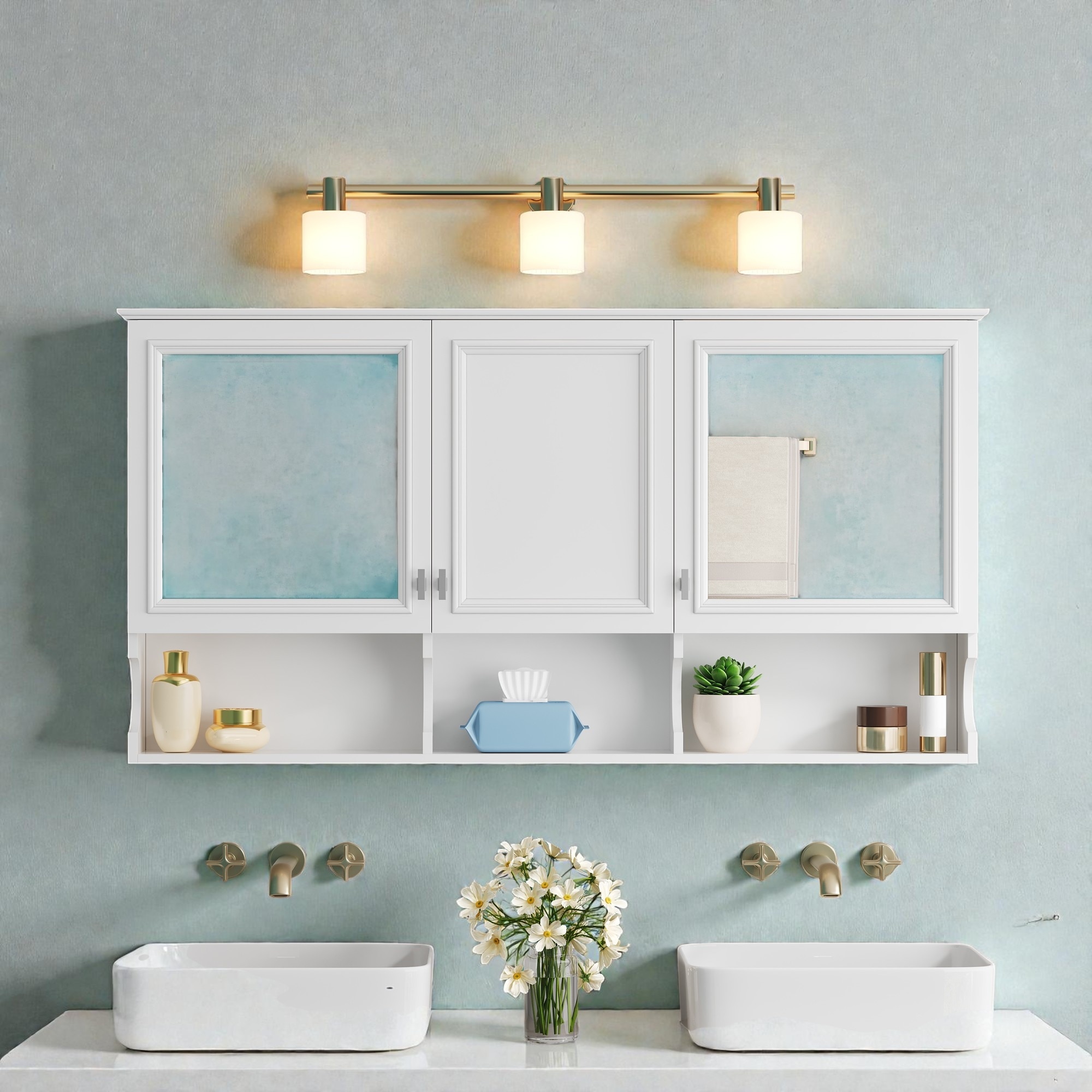 55 Inch Mirrored Medicine Cabinet with Open Shelves, Wall Mounted Bathroom Storage Cabinet with Doors