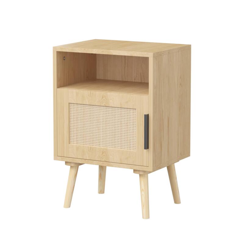 Rattan Nightstand, Side Table With Door Open Shelf, Accent Bedside End Table With Solid Wood Legs