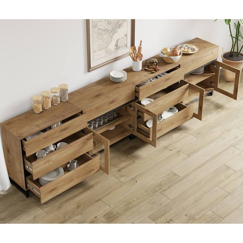 4-in-1 Multifunctional Sideboard Buffet with 8 Drawers & Glass Doors, Modern Credenza with Adjustable Shelf & Metal Base.