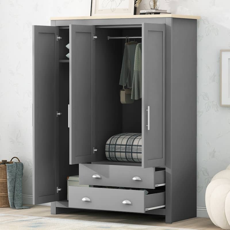 Gray Three-Door Storage Wardrobe with Cabinets & Two Hanging Rods