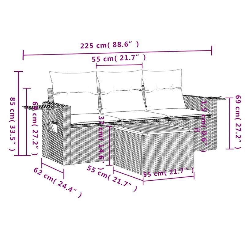 vidaXL 4 Piece Patio Sofa Set with Cushions Gray/Black Poly Rattan - 21.7" x 24.4" x 27.2"