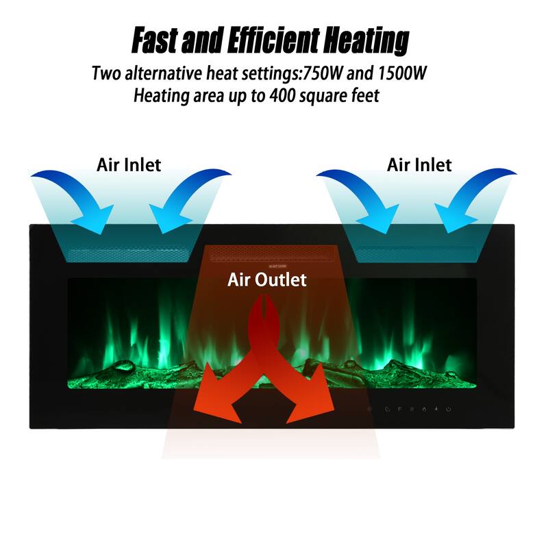 LED Recessed Electric Fireplace with 3 Top Light Colors, Remote Control, Adjustable Heating, and Touch Screen 1500W, Black