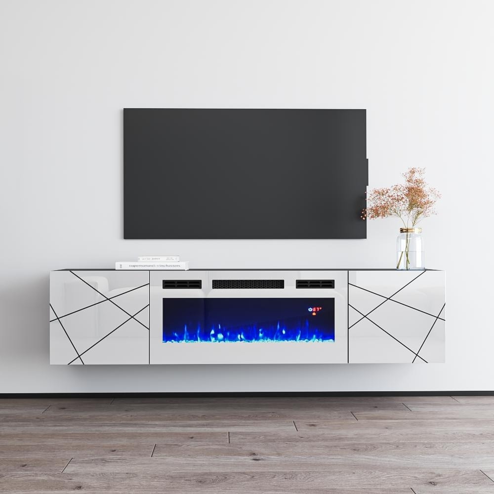 Meble Furniture London Electric Fireplace 63" TV Stand with 31.5" Insert - High Gloss Entertainment Center for up to 70" TVs