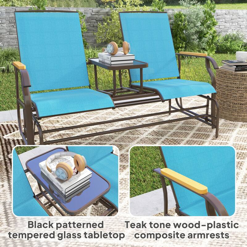 Outsunny 2 Person Outdoor Glider Bench, Patio Swing Glider Chair Loveseat with Breathable Mesh, Table, Steel Frame