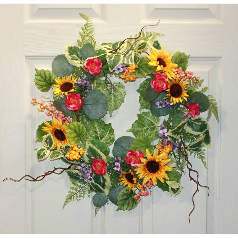 22" Artificial Sunflower, Berries and Leaves Wreath - 22