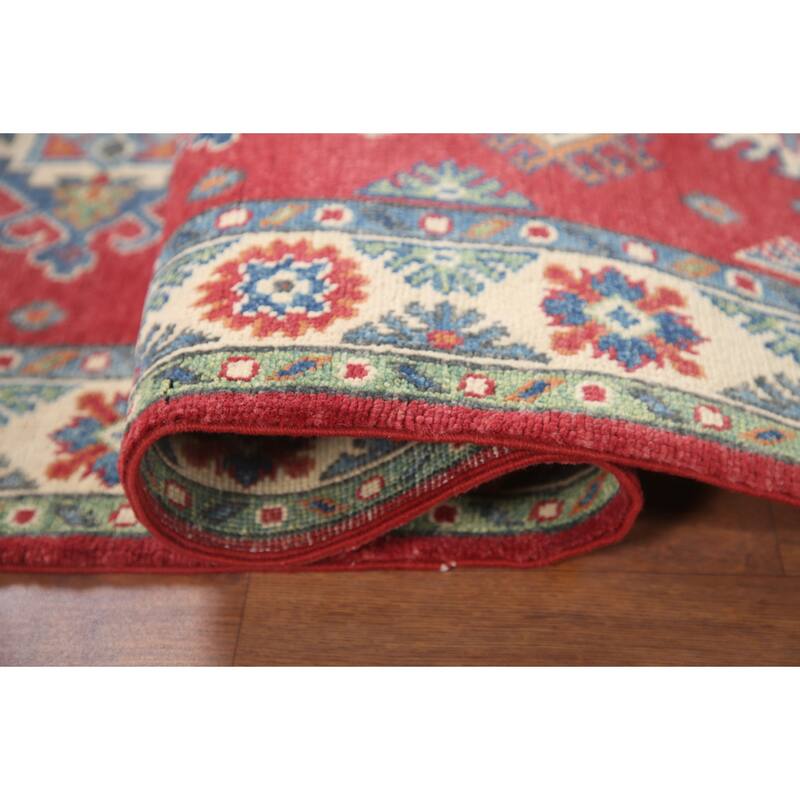 Hand Knotted Oriental 100% Wool Carpet Traditional Geometric Red Kazak Area Rug - 6' 5'' X 2' 9''
