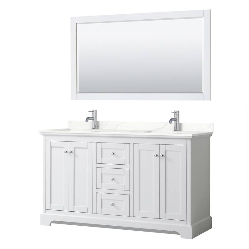 Avery 60-inch Double Vanity, Quartz Top, 58-inch Mirror - White, Chrome Trim, Giotto Quartz Top
