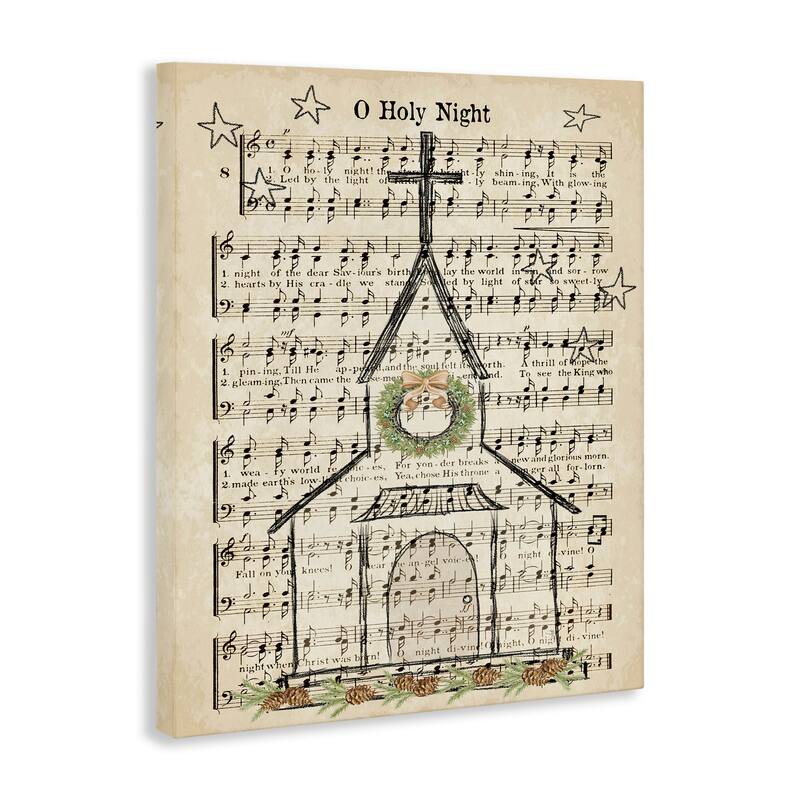 Stupell Festive Winter Church Holy Night Musical Script Canvas Wall Art - Tan