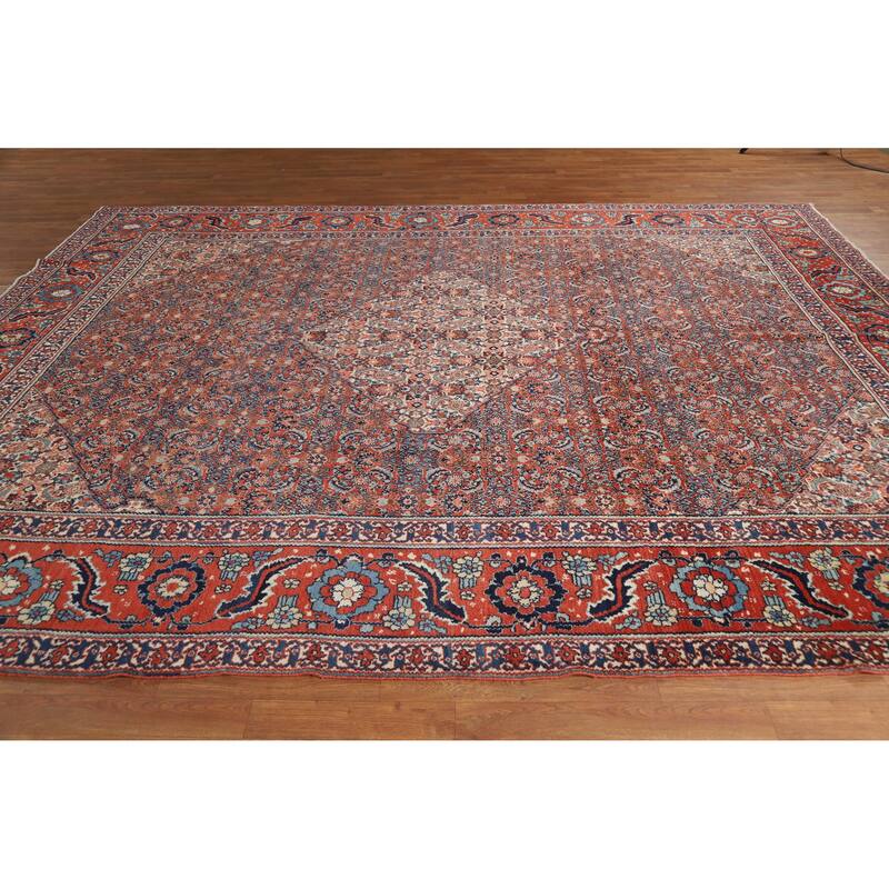 Hand Knotted Oriental 100% Wool Carpet Traditional Floral Oranges & Rust Senneh Area Rug - 11' 11'' X 9' 0''