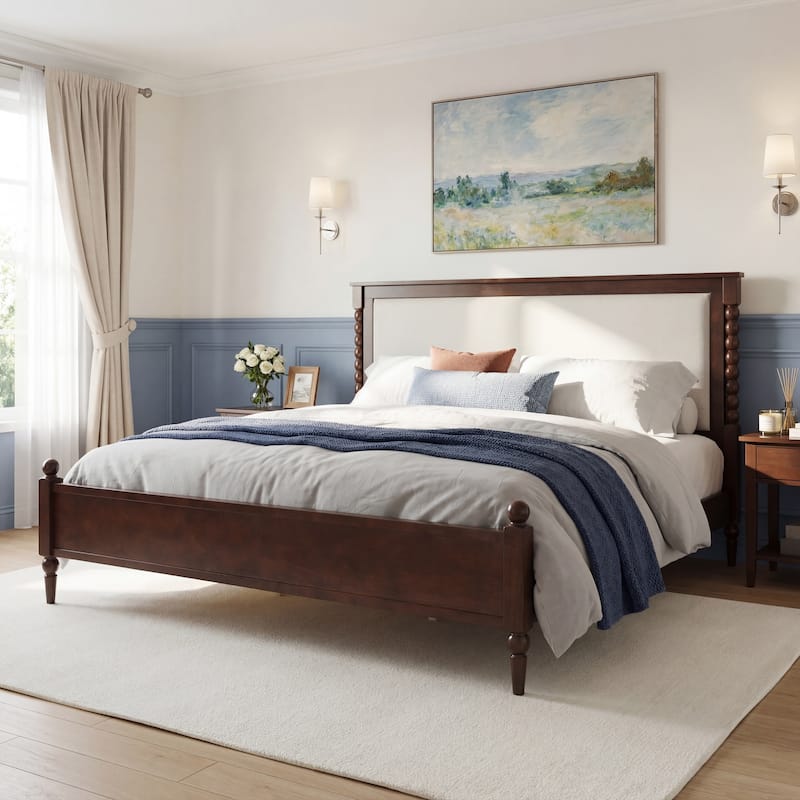 Christopher Knight Home - Traditional Wooden Platform Bed with Upholstered Headboard and Spindle Accent Design - Brown - King