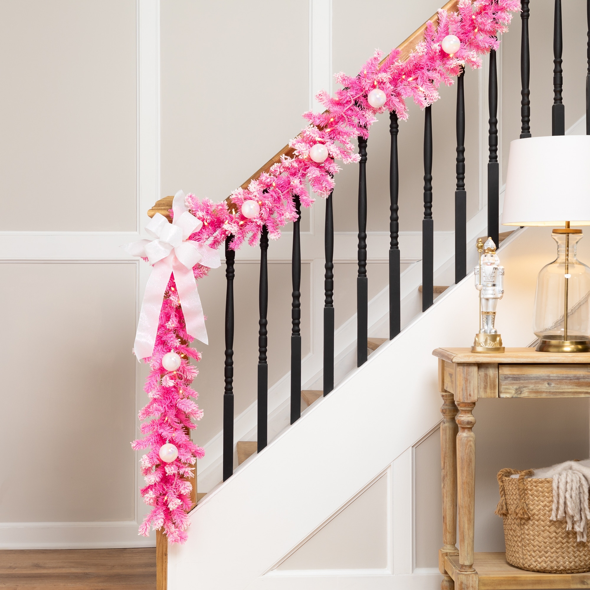 Artificial Flocked Pine Christmas Garland 9' Pink Clear Lights