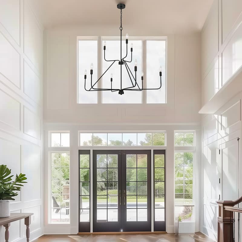 Oriea Modern Farmhouse Black 9-Light Chandelier 41.3 IN. 2-Tier Wheel Candle Ceiling Light - Dia. 41.3" x H 37.4"