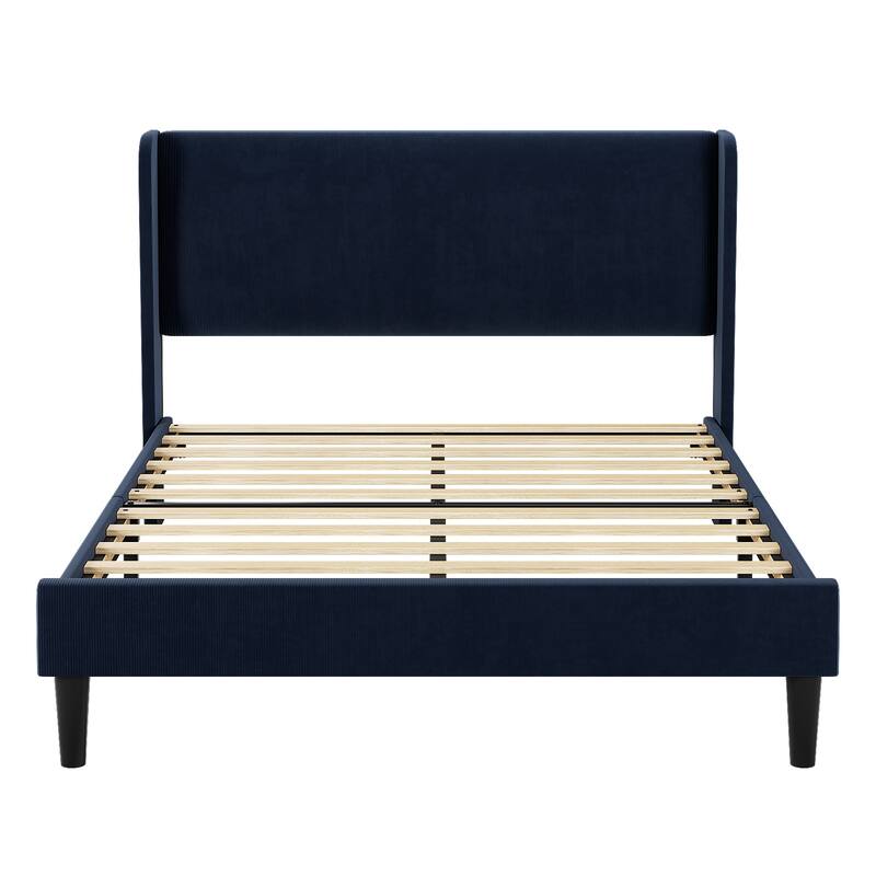 Velvet Bed Frame Full Size with Wingback Headboard and Storage Pockets
