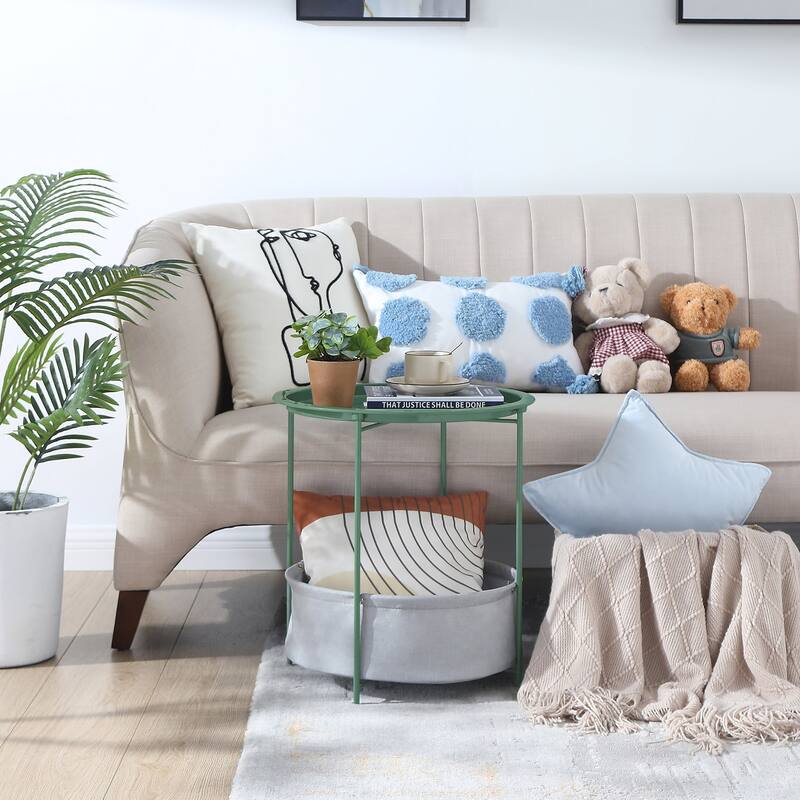 VECELO Small Round Side Table with Removable Tray & Fabric Storage Bin Easy 5-Min Assembly for Living Room Bedroom