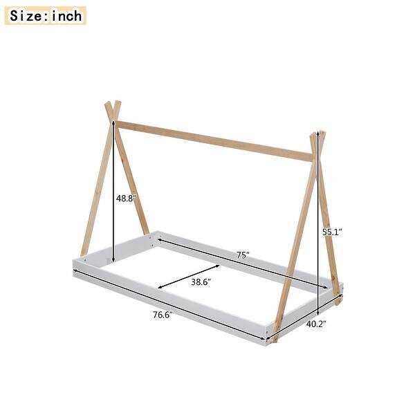Twin Size Tent Floor Bed with X-Shaped Railings, Triangle Structure, Solid Wood Frame, and Hanging Board, White+Natural