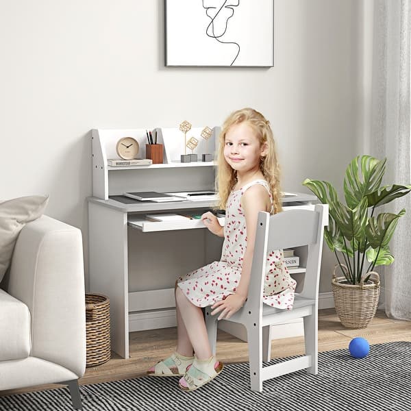 slide 2 of 16, Qaba Kids Desk and Chair Set with Storage, Study Desk with Chair for Children 5-8 Years Old, White Charcoal