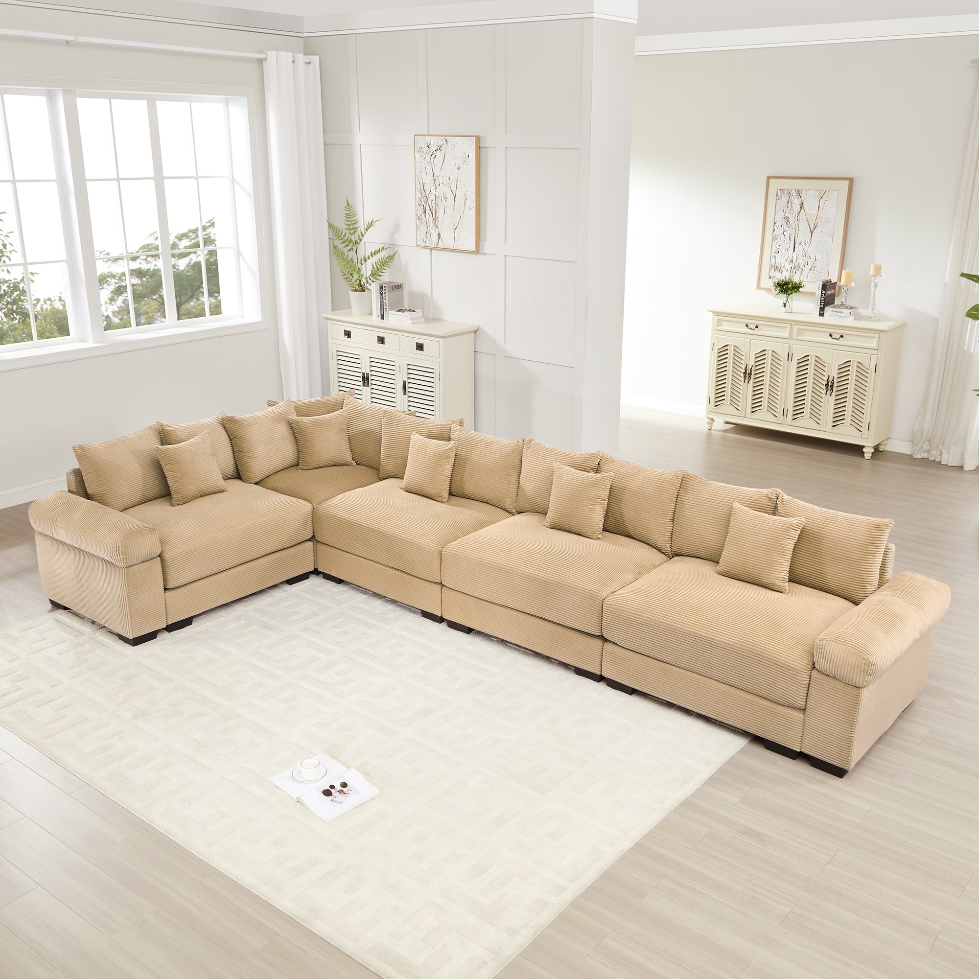 5-Seat Convertible Cloud Corduroy Modular Sofa with 16 Throw Pillows