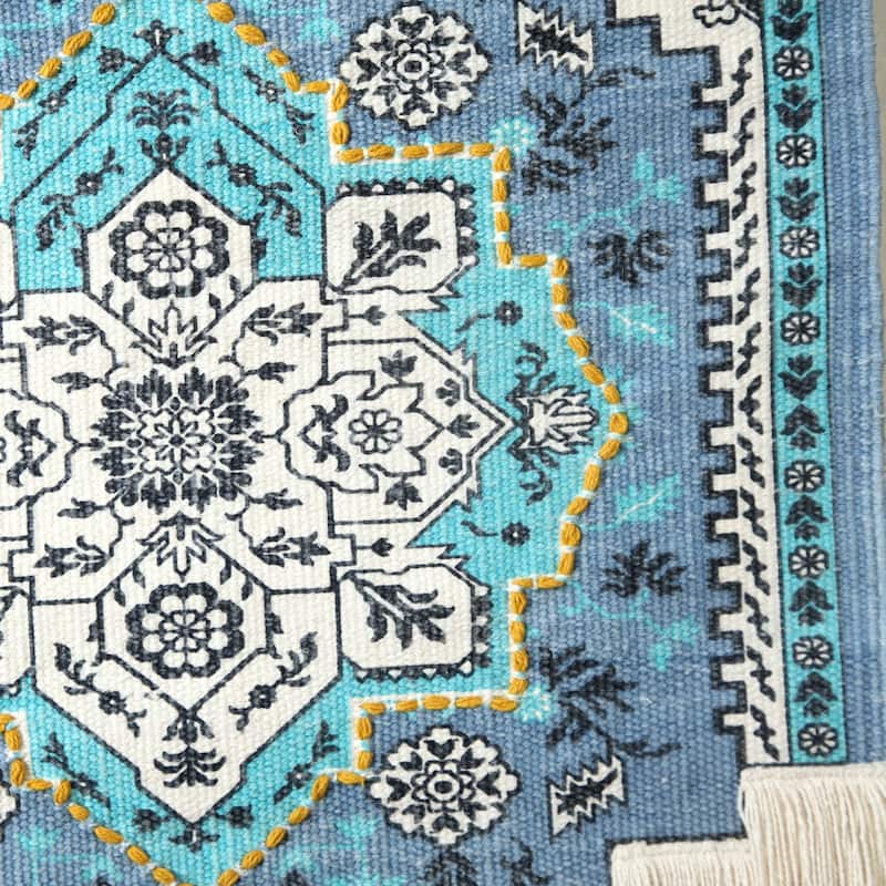 Sevita Bright Blue Floral Woven Wall Hanging with Macrame Fringe - 25.5" x 45"