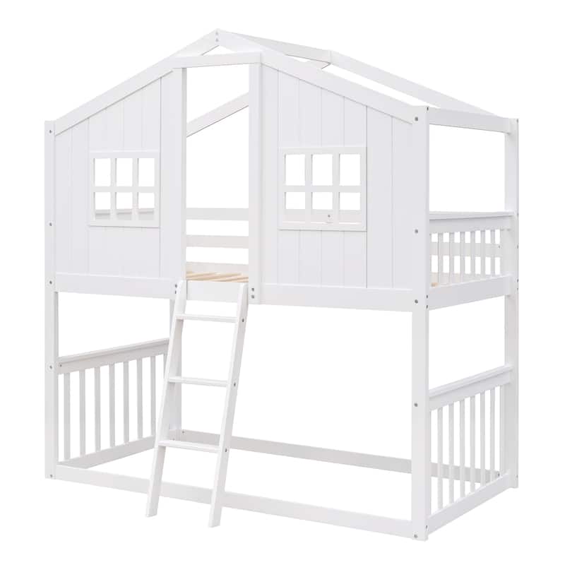 Full Size Loft Bed with Playhouse Design, Built-in Desk and Shelves