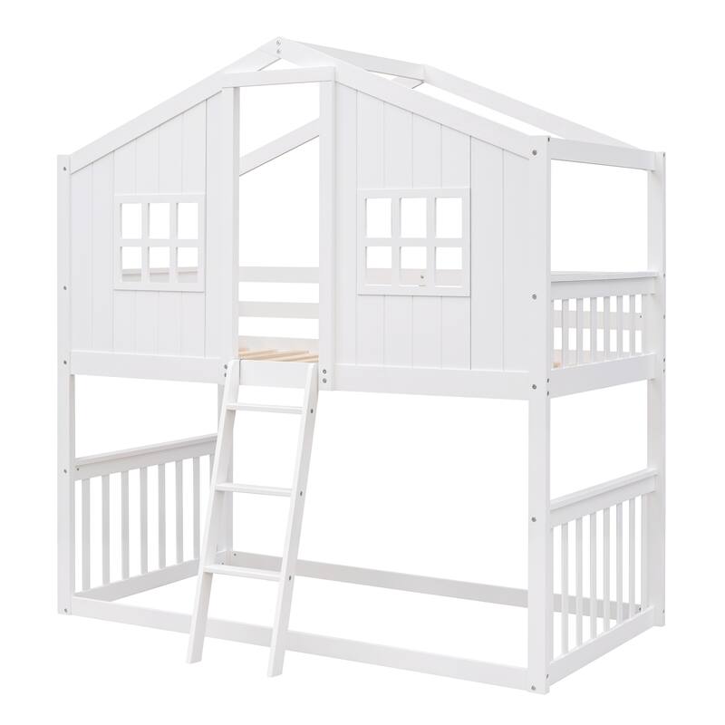 Twin Solid Pine House-Shaped Bunk Bed with Ladder