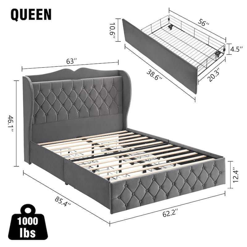 Grey Upholstered Platform Bed with Drawers and Charging Station