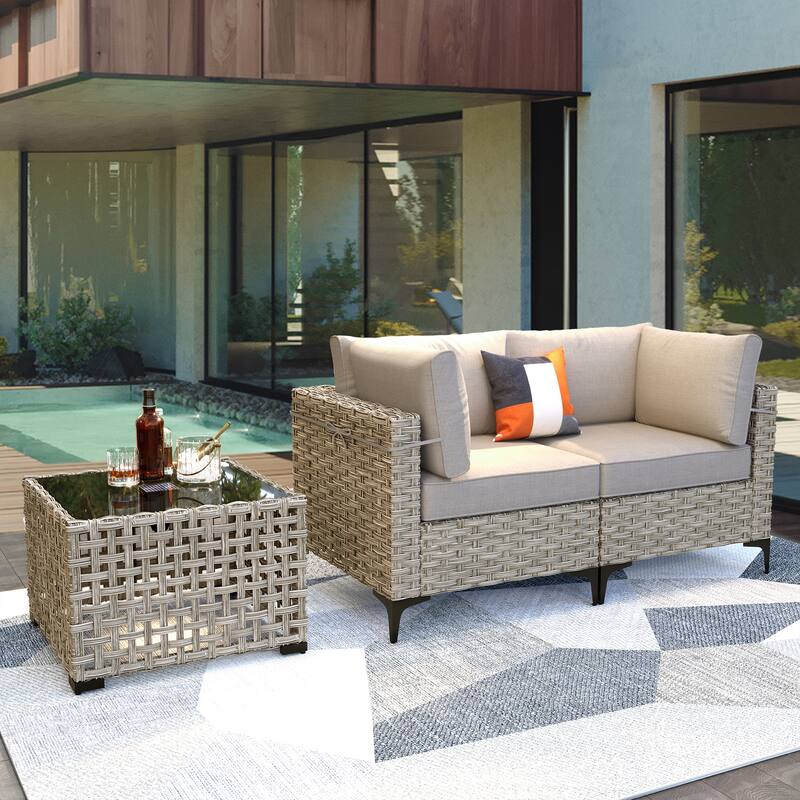 OVIOS 3 Pieces Outdoor Wicker Furniture Set With Solar-Powered Coffee Table - Beige