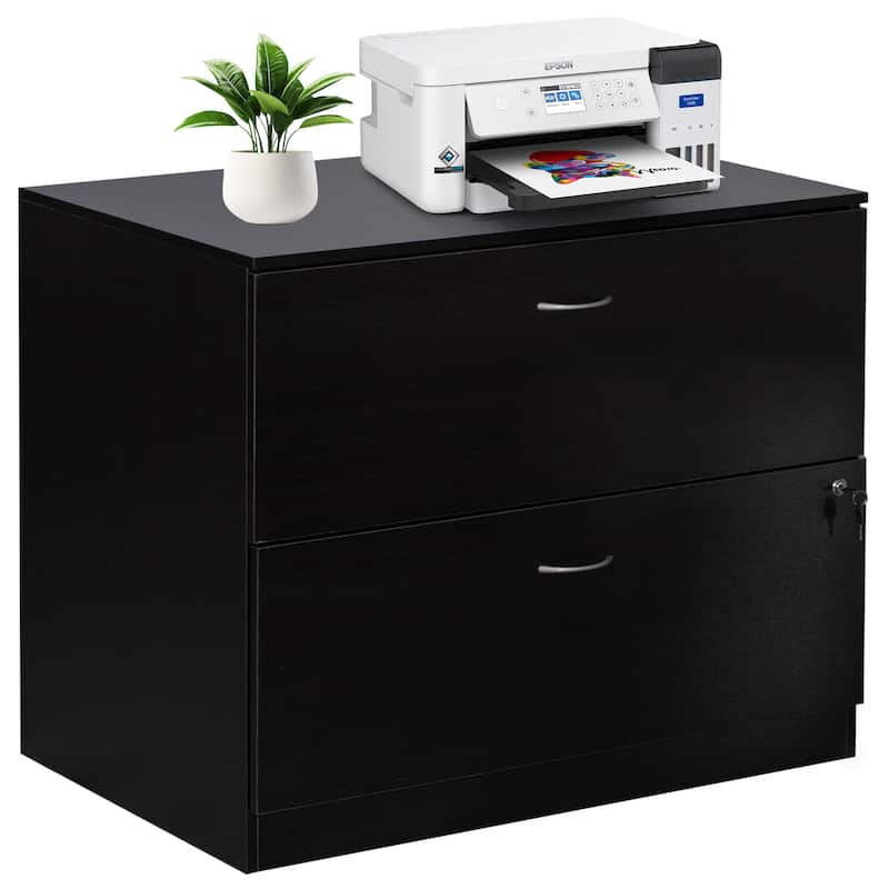 30" Wooden Lateral File Cabinet with Two Spacious Drawers, One Lockable - Suitable for Home Office, Offering Ample Space - Black