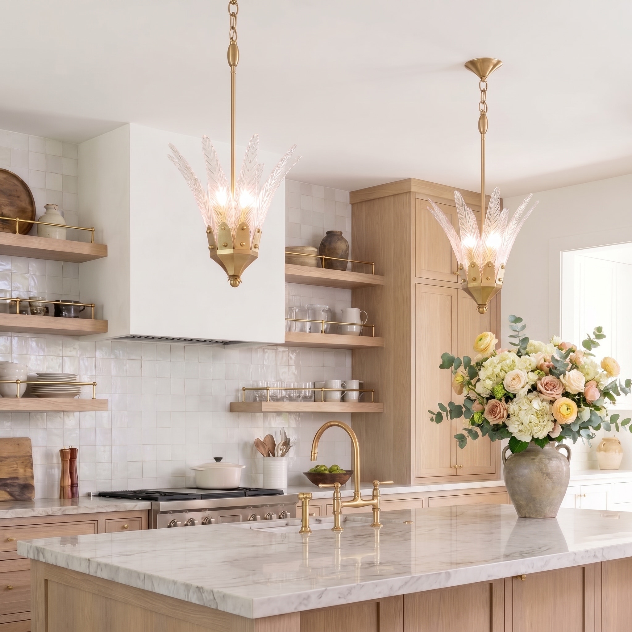 17" Vintage Brass 3-Light Leaf Etched Glass Kitchen Island Chandelier Pendant Lighting