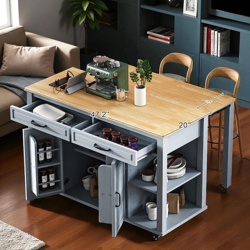 47" Kitchen Island with Extendable Table, Power Outlet, Rubber Wood Top, Storage Cabinet & Drawers