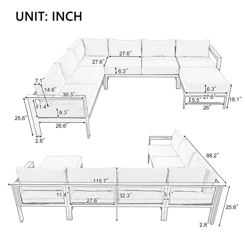 Outdoor Conversation Furniture Set for 6 People, Aluminum U Shaped Patio Sectional Sofa with Removable Cushions