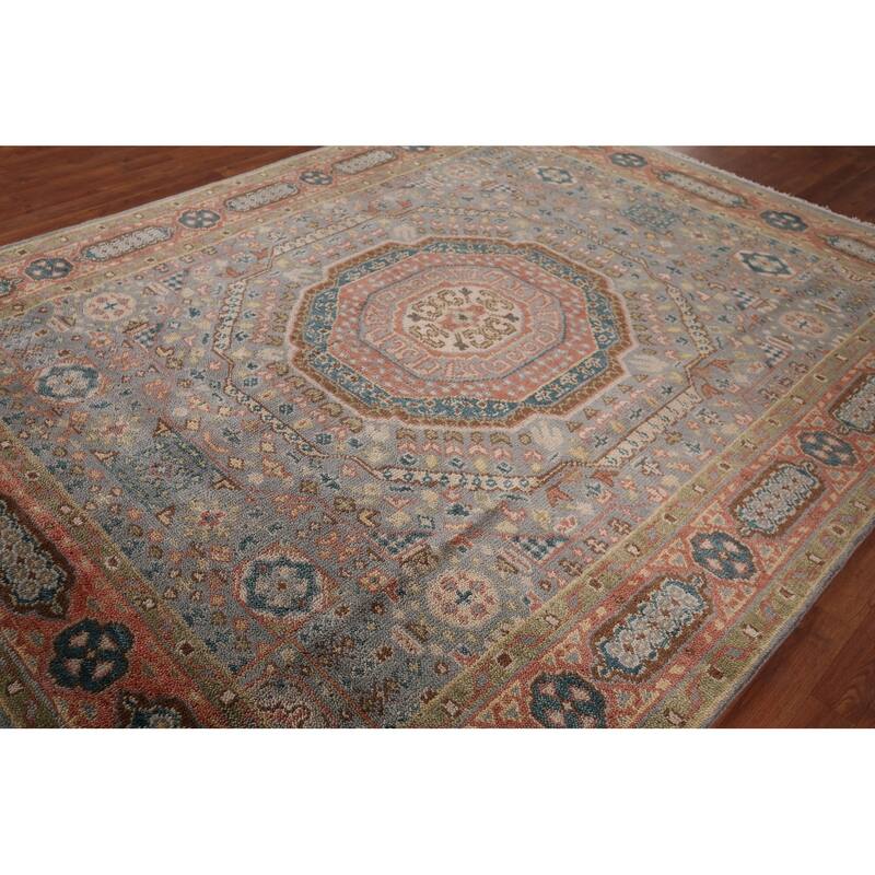 Gray Geometric Khotan Indian Area Rug Hand-Knotted Wool Carpet - 7'9"x 9'10"