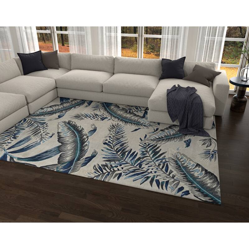 Carson Carrington Haisley Blue Feather Leaf Handmade Wool Rug