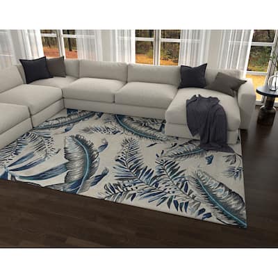 Carson Carrington Haisley Blue Feather Leaf Handmade Wool Rug