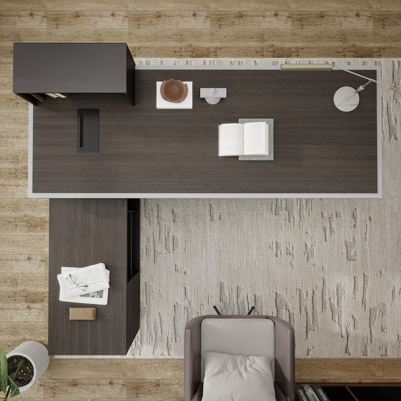 WESOME L Shaped Executive Desk with Cable Box Socket and LED Light for Home Office