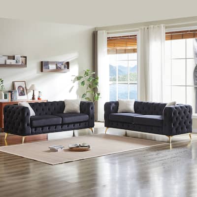 Velvet Chesterfield Sofa Set w/ Deep Seat & Tufted Design, 3+3 Seater
