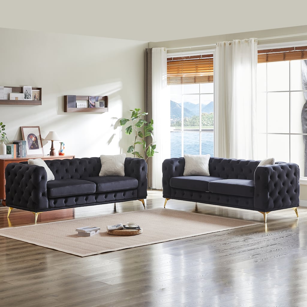 Velvet Chesterfield Sofa Set w/ Deep Seat & Tufted Design, 3+3 Seater