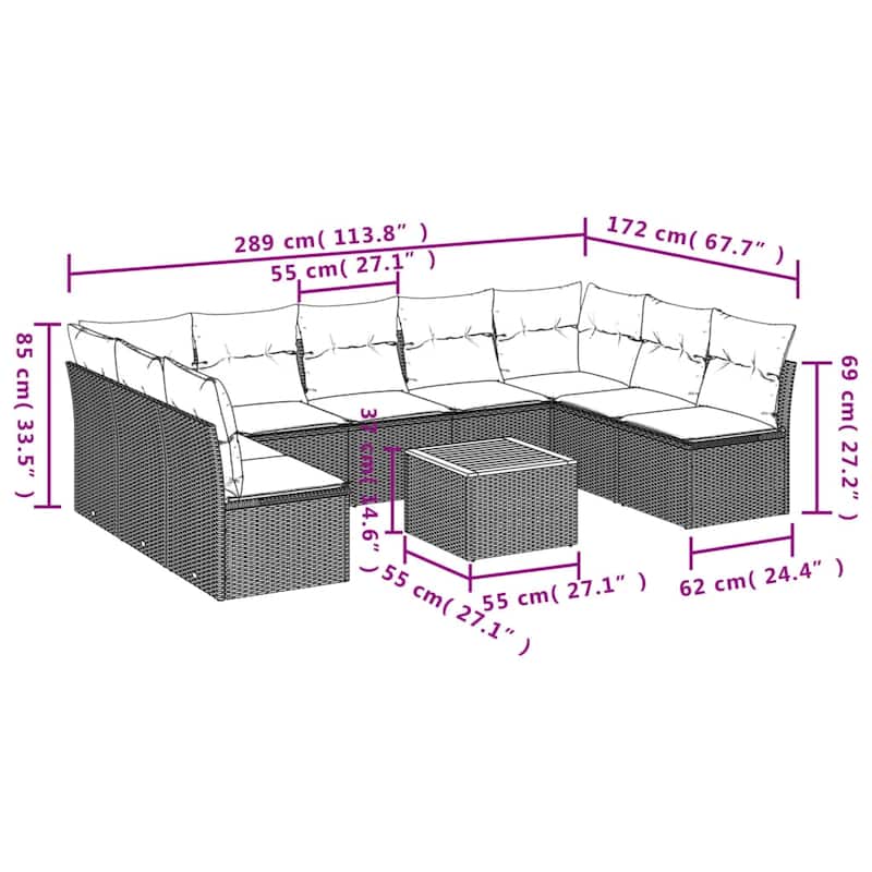 vidaXL Patio Sofa Set with Cushions Outdoor Furniture 10 Piece Poly Rattan - 24.4 x 24.4 x 27.2