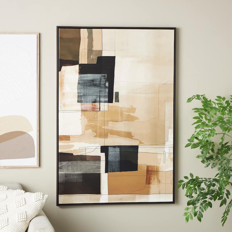 Canvas Geometric Living Room Framed Wall Art with Black and Brown Accents - Beige - Roche River Decor
