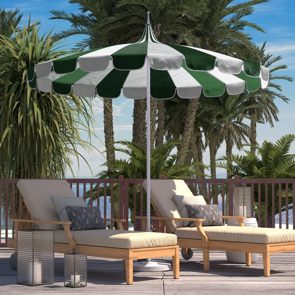 California Umbrella 8.5' Pagoda Series Patio Umbrella White Aluminum Pole Push Lift Sunbrella Natural and Pacific Blue