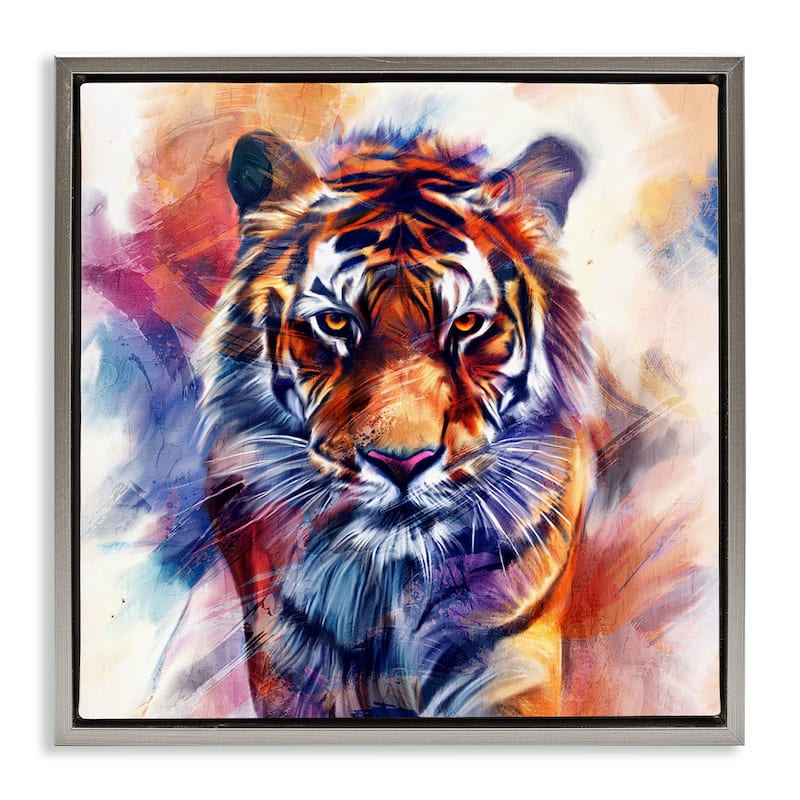 Stupell Fierce Vibrant Tiger Framed Floater Canvas Wall Art Design By Kim Allen - 18 x 18 - Grey