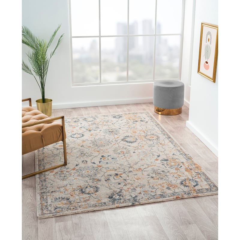 Terra by Obeetee Manor Persian Floral Rug - Silver - 2' x 2'11"