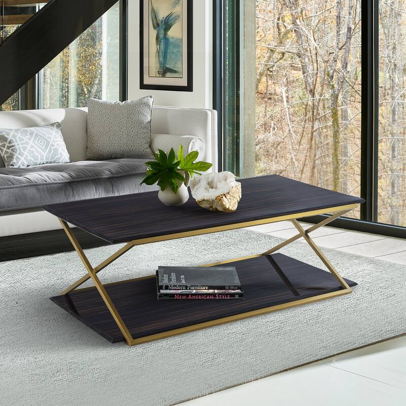 Westlake Dark Brown Veneer Coffee Table with Brushed Gold Legs - Brown