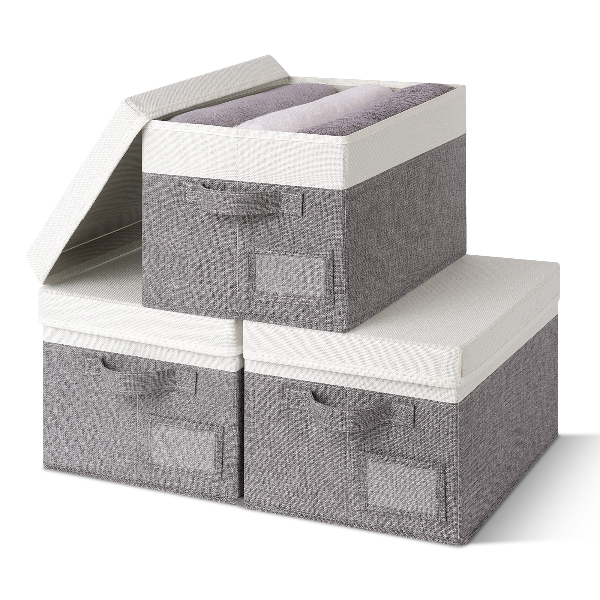 Fabric Storage Bins with Lids & Label Holder, Stackable Design, Set of 3