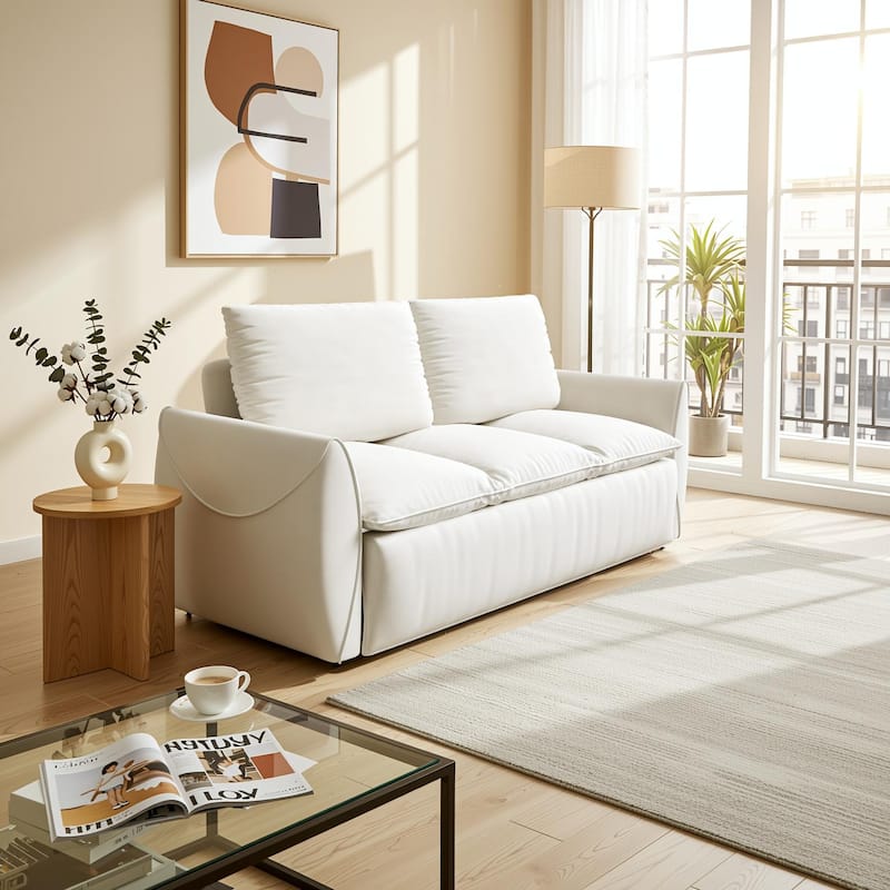 Homy Casa 70'' Velvet Pull-Out Sofa Bed, Convertible Sleeper Loveseat - Beige